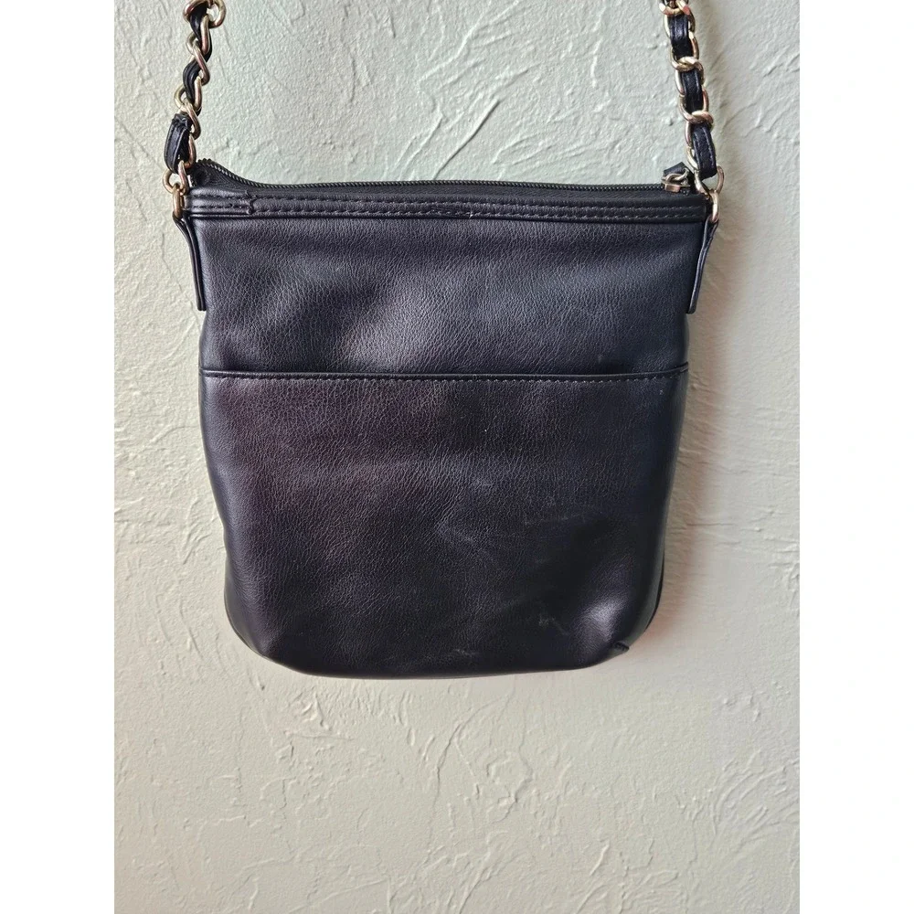 Nicole Miller Black Faux Leather‎ Crossbody Bag Floral Embroidery Chain Strap